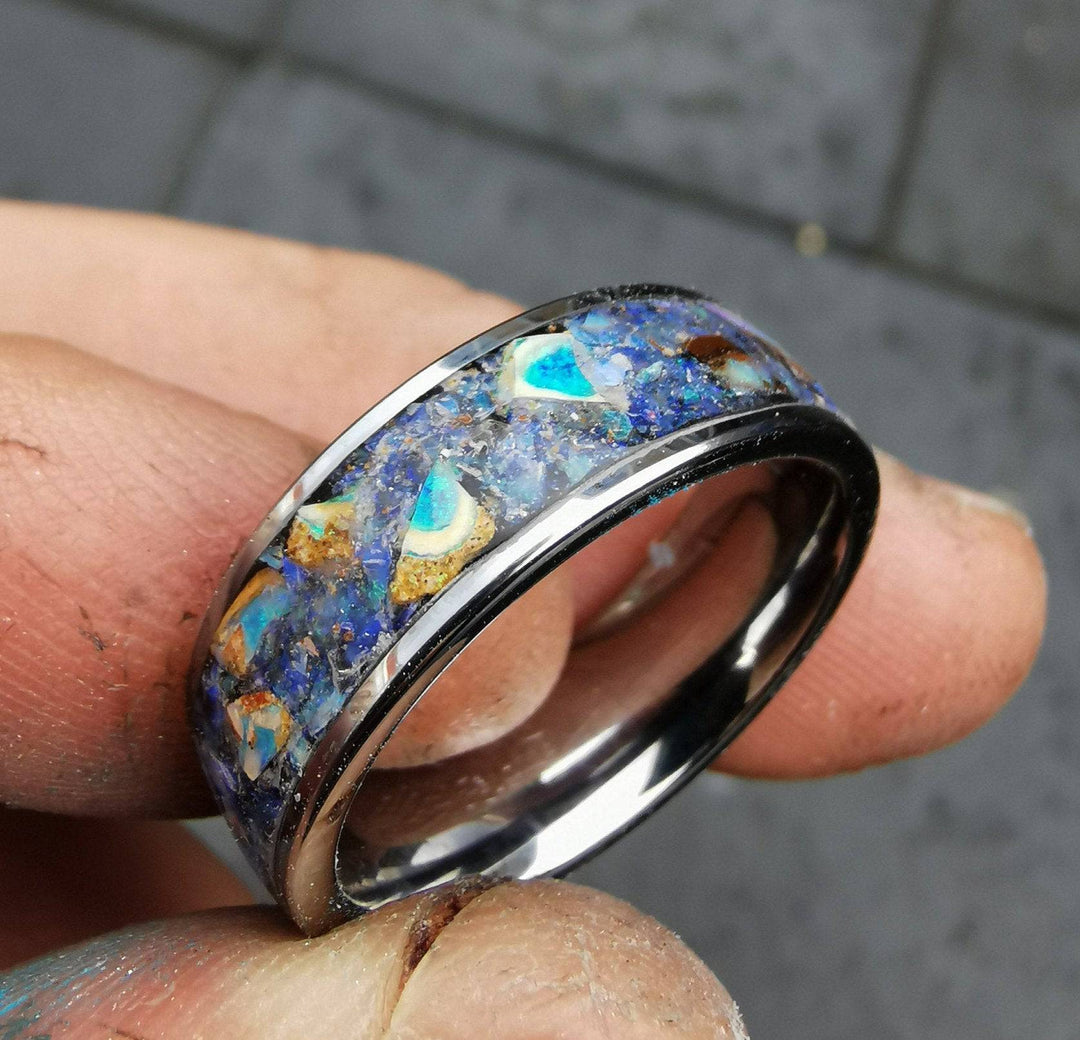 Flat Tungsten Ring with Genuine Australian Opal
