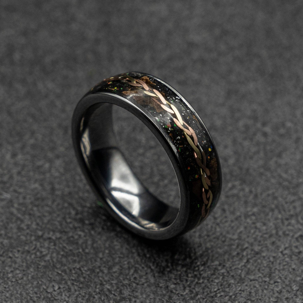 Flat tungsten ring with Triceratops, meteorite and golden wire braid