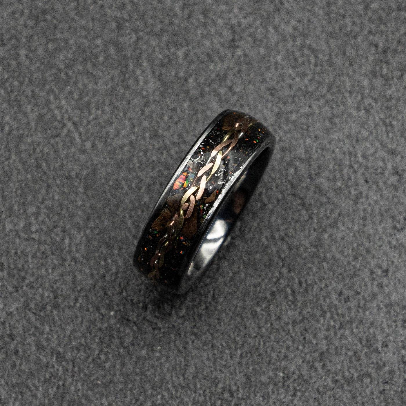 Flat tungsten ring with Triceratops, meteorite and golden wire braid