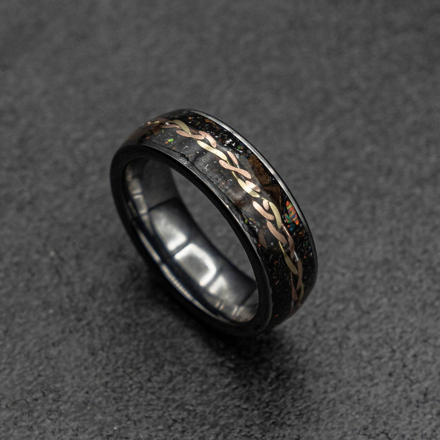 Flat tungsten ring with Triceratops, meteorite and golden wire braid