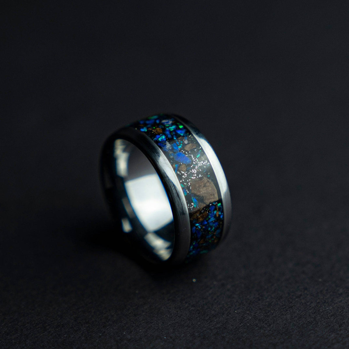 Gemstone Meteorite Tungsten Ring T Rex Bone Inlay
