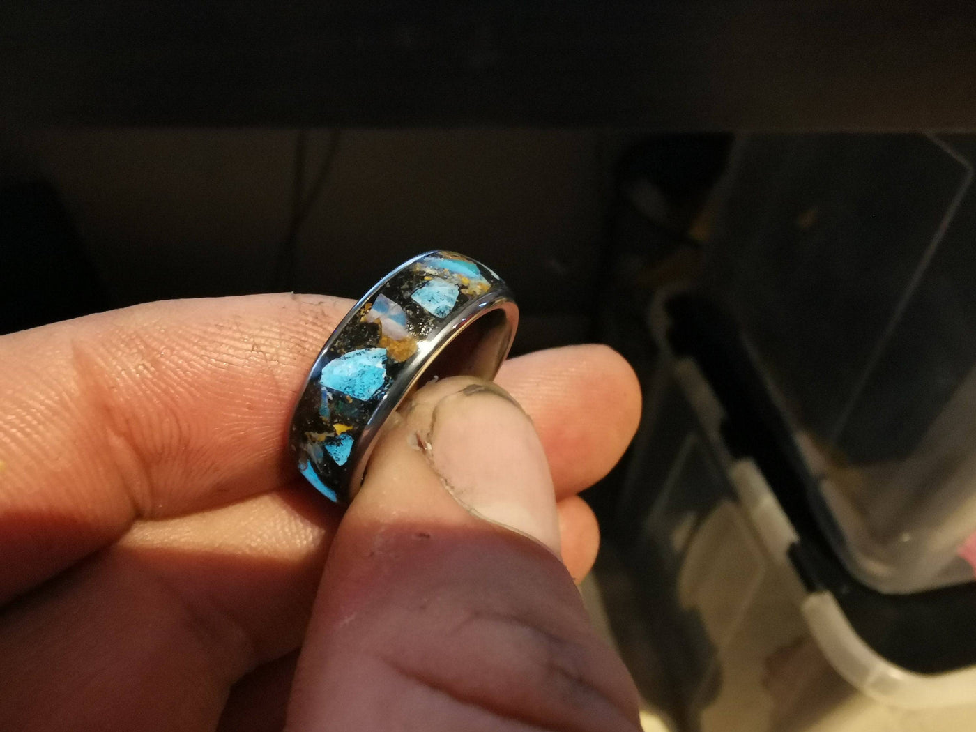Genuine Australian Opal Blue Glow Tungsten Ring