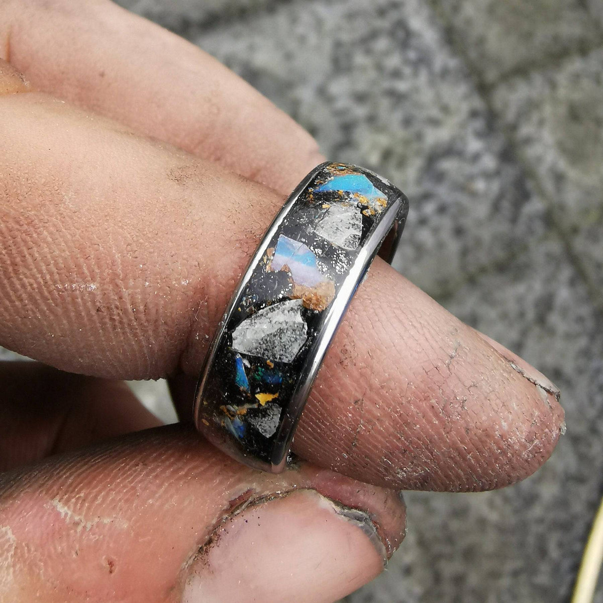 Genuine Australian Opal Blue Glow Tungsten Ring