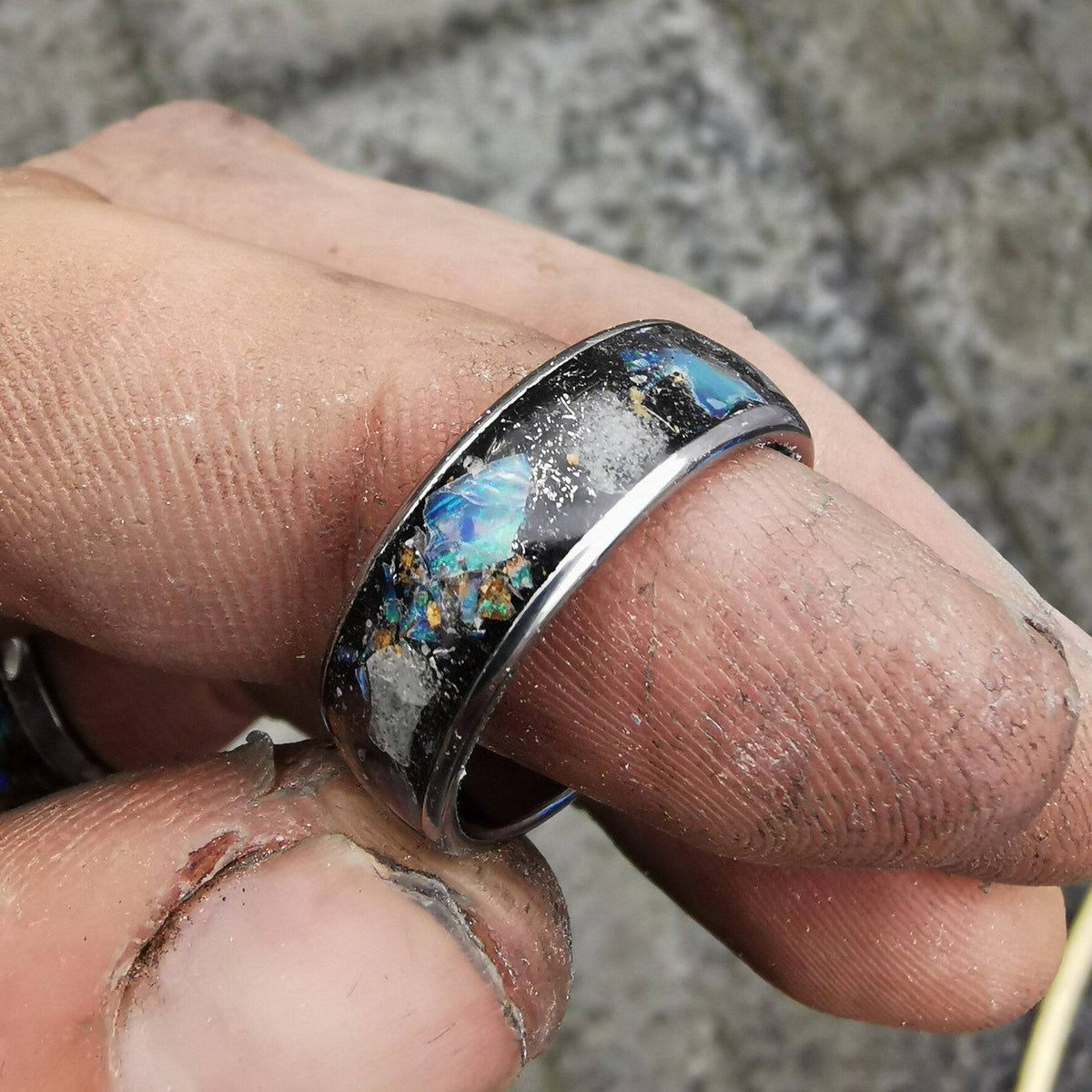 Genuine Australian Opal Blue Glow Tungsten Ring