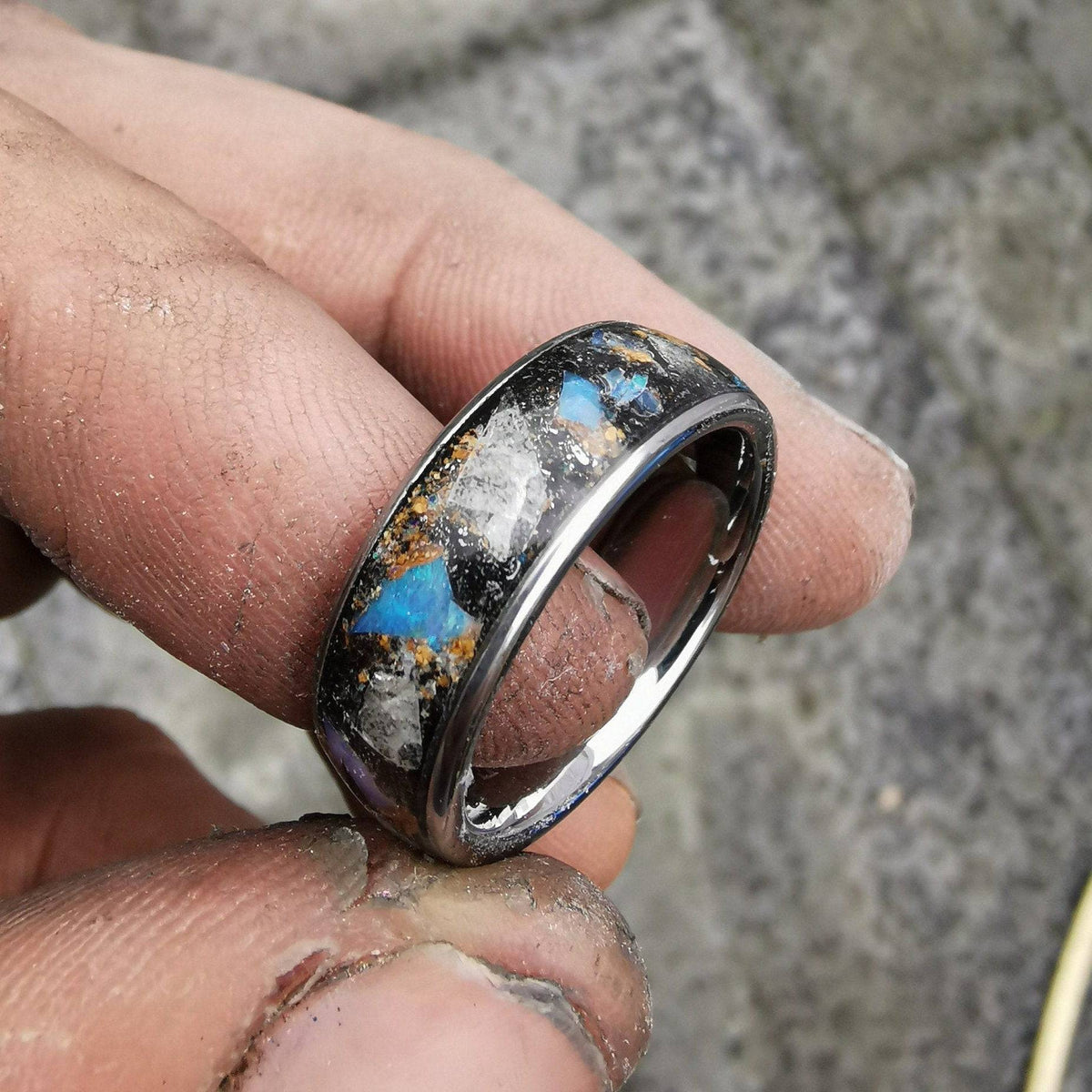 Genuine Australian Opal Blue Glow Tungsten Ring
