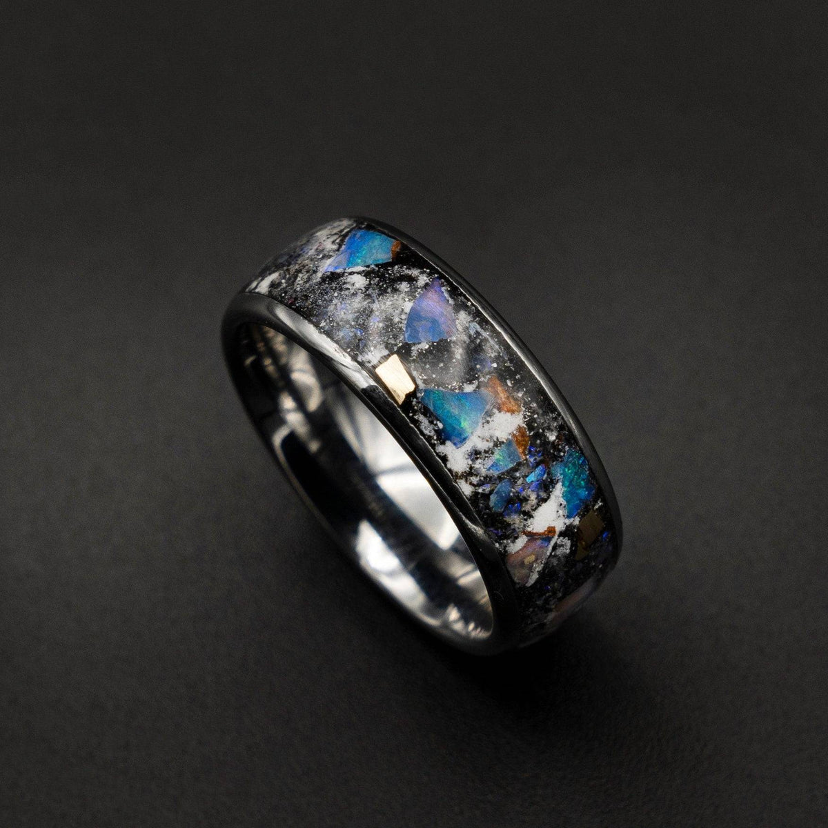 Genuine Australian opal ring with glowstone and meteorite dust