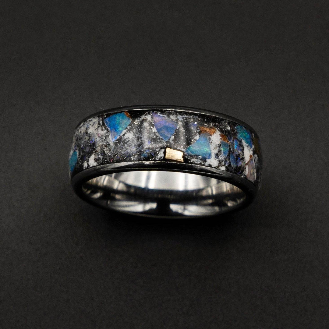 Genuine Australian opal ring with glowstone and meteorite dust