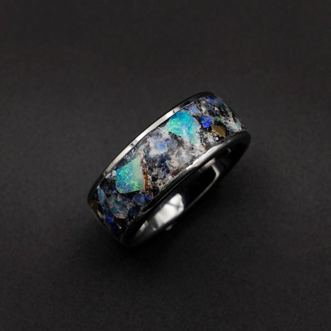 Genuine Australian opal ring with glowstone and meteorite dust
