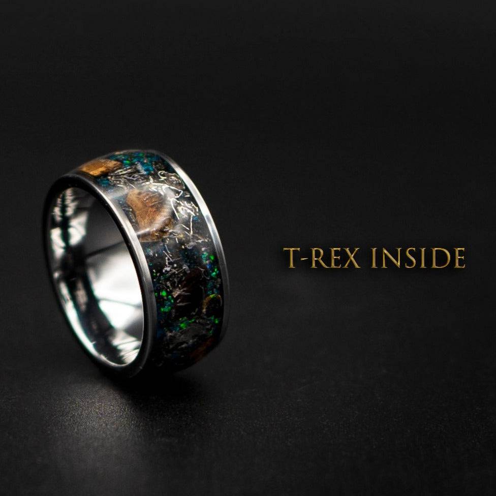Genuine T Rex Dinosaur Ring with Meteorite Shaving Inlay