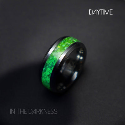 Glow in the dark tungsten ring filled with green opal