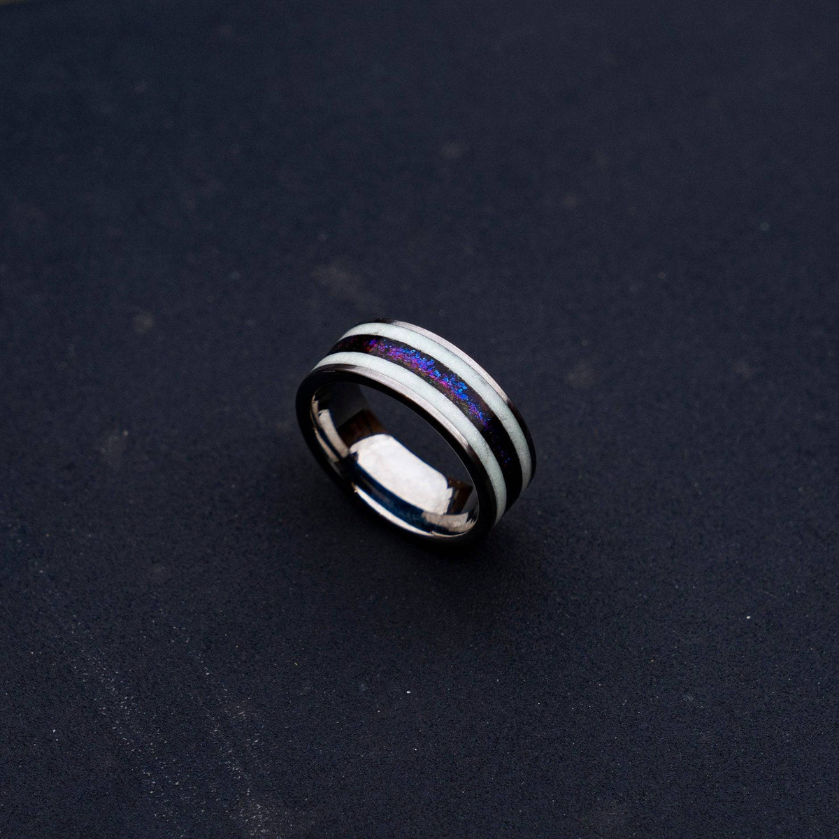 Glow in the dark tungsten ring with blue purple chameleon flakes line