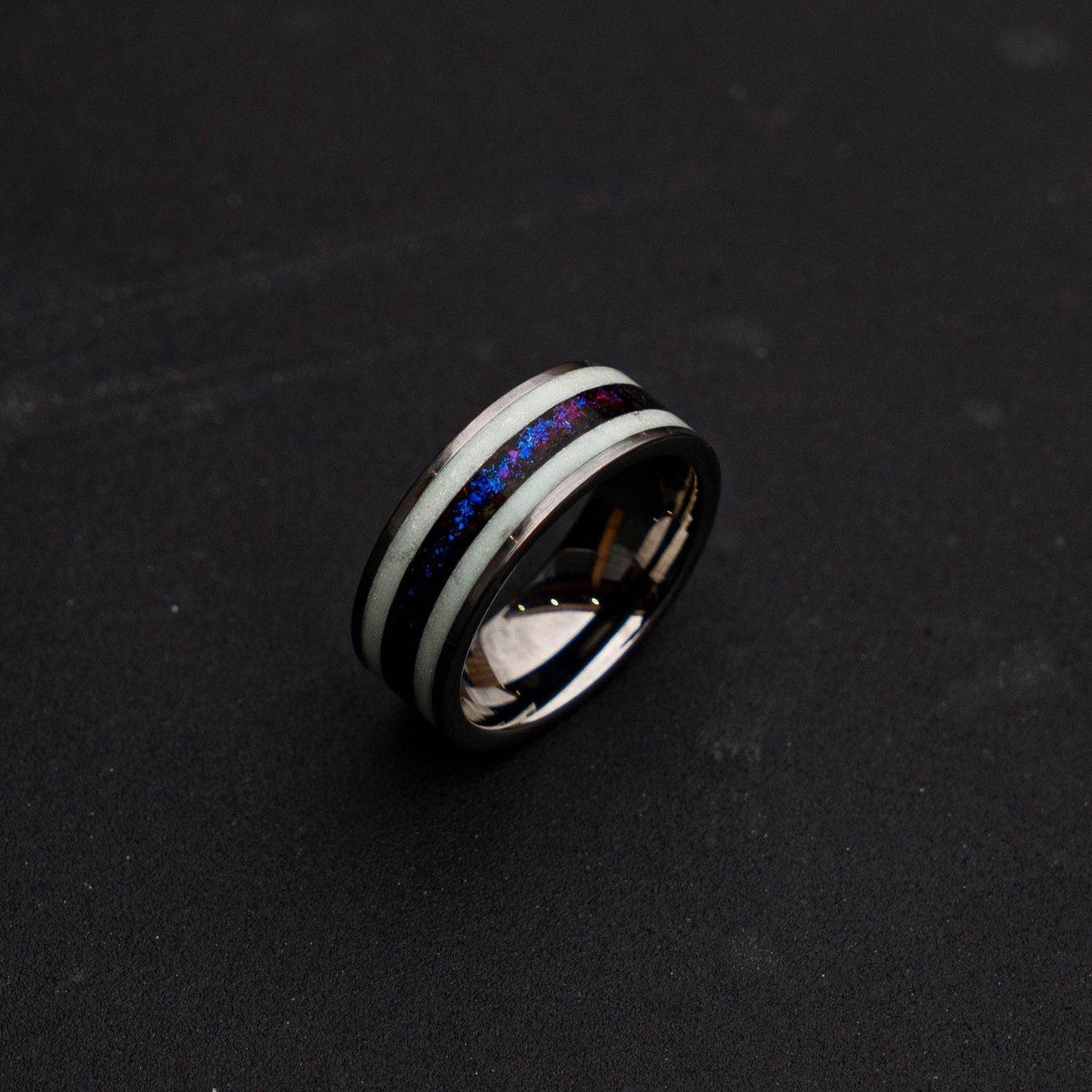 Glow in the dark tungsten ring with blue purple chameleon flakes line