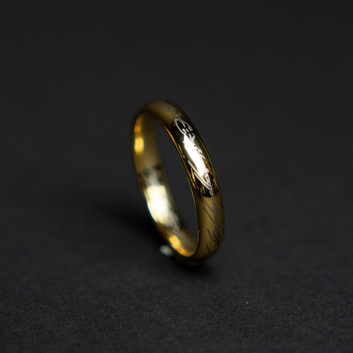 Golden Tungsten Engraved Ring with Elvish Language