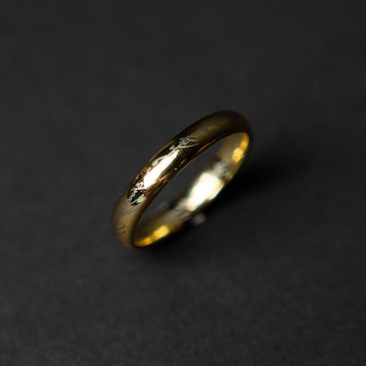 Golden Tungsten Engraved Ring with Elvish Language
