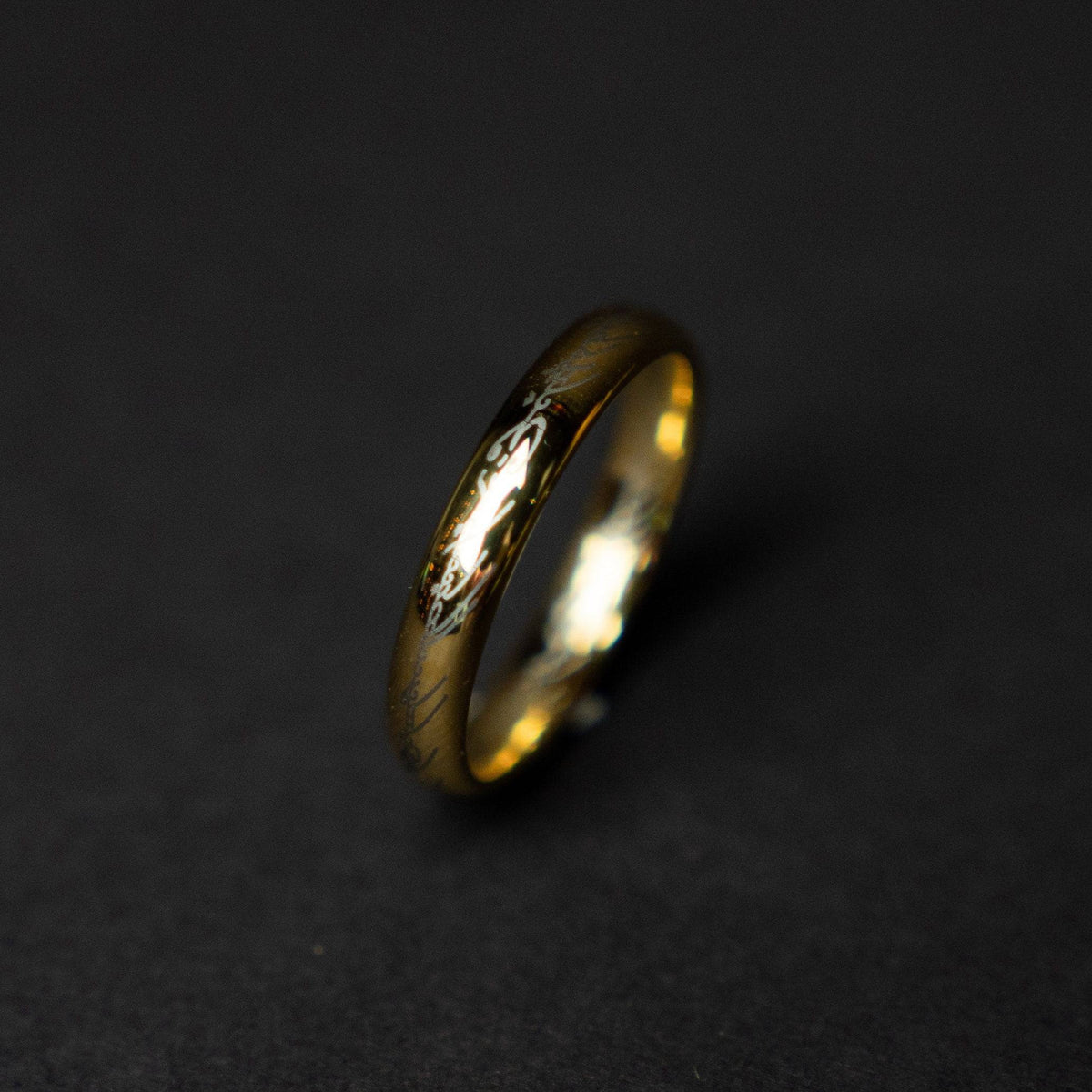 Golden Tungsten Engraved Ring with Elvish Language