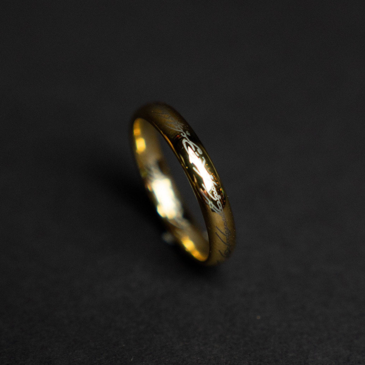 Golden Tungsten Engraved Ring with Elvish Language