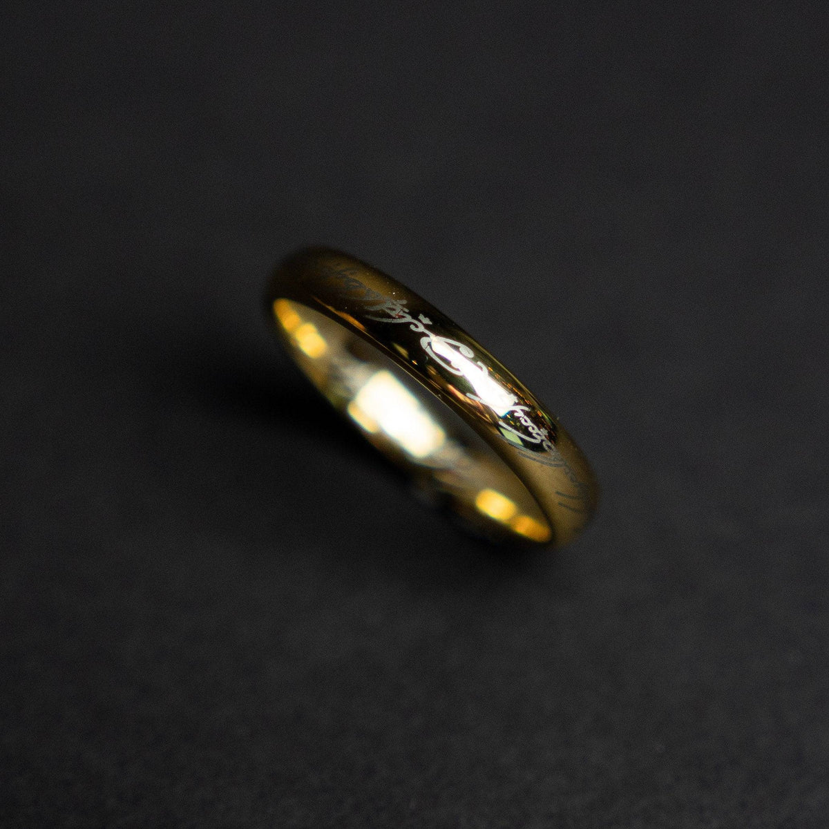 Golden Tungsten Engraved Ring with Elvish Language
