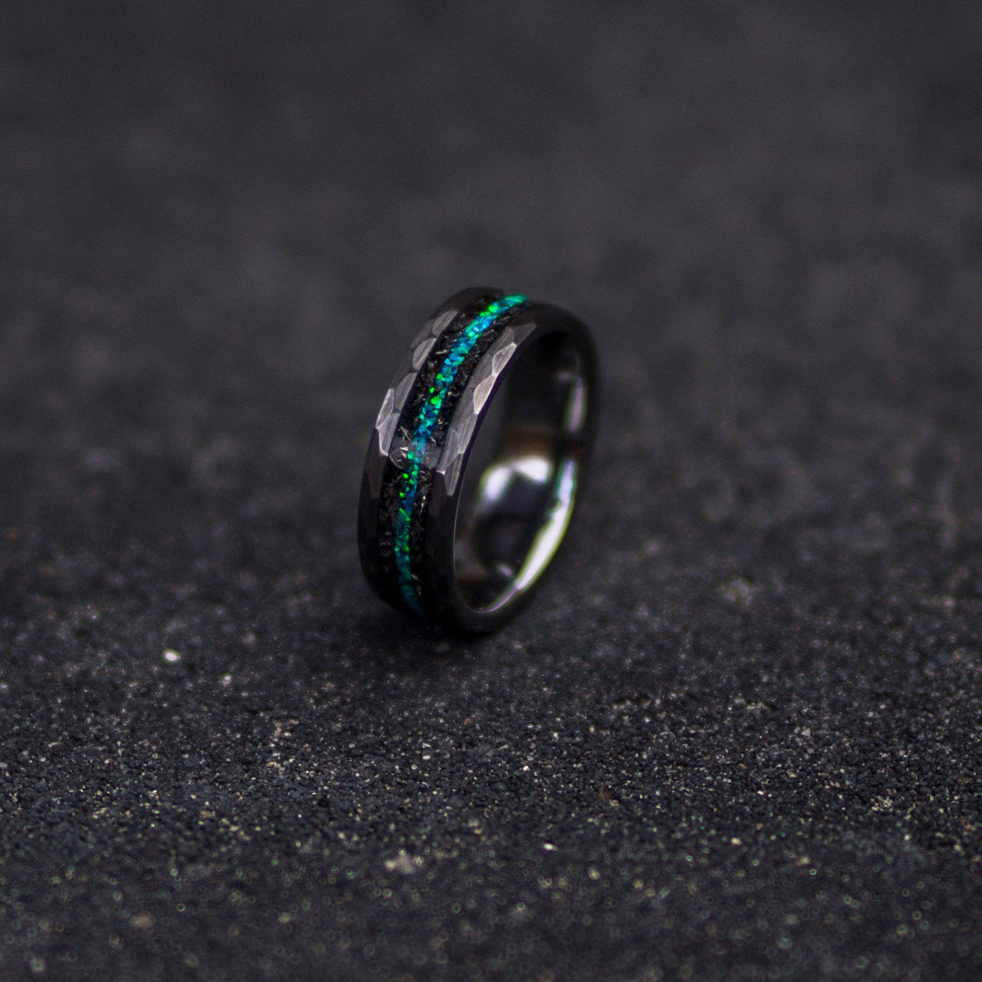 Hammered Meteorite & Green Opal Tungsten Ring