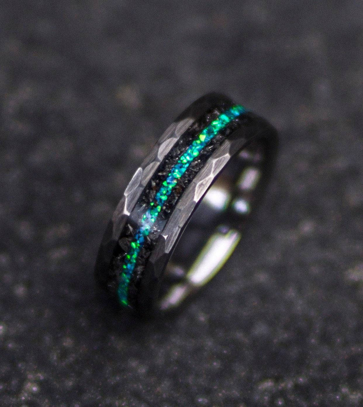 Hammered Meteorite & Green Opal Tungsten Ring