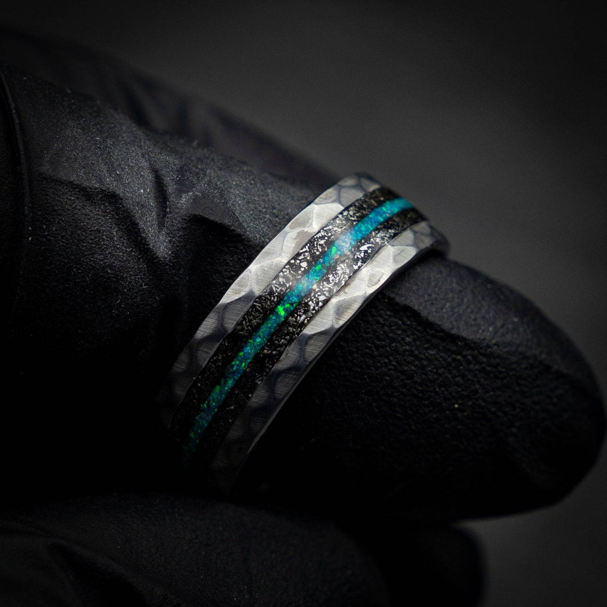 Hammered Meteorite & Green Opal Tungsten Ring
