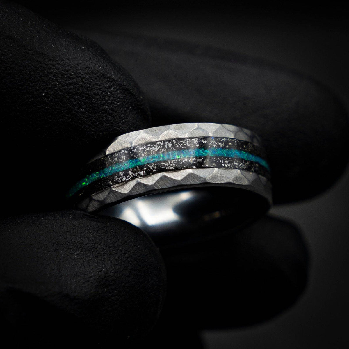 Hammered Meteorite & Green Opal Tungsten Ring