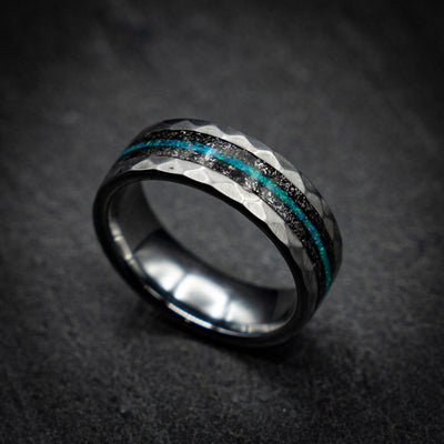 Hammered Meteorite & Green Opal Tungsten Ring