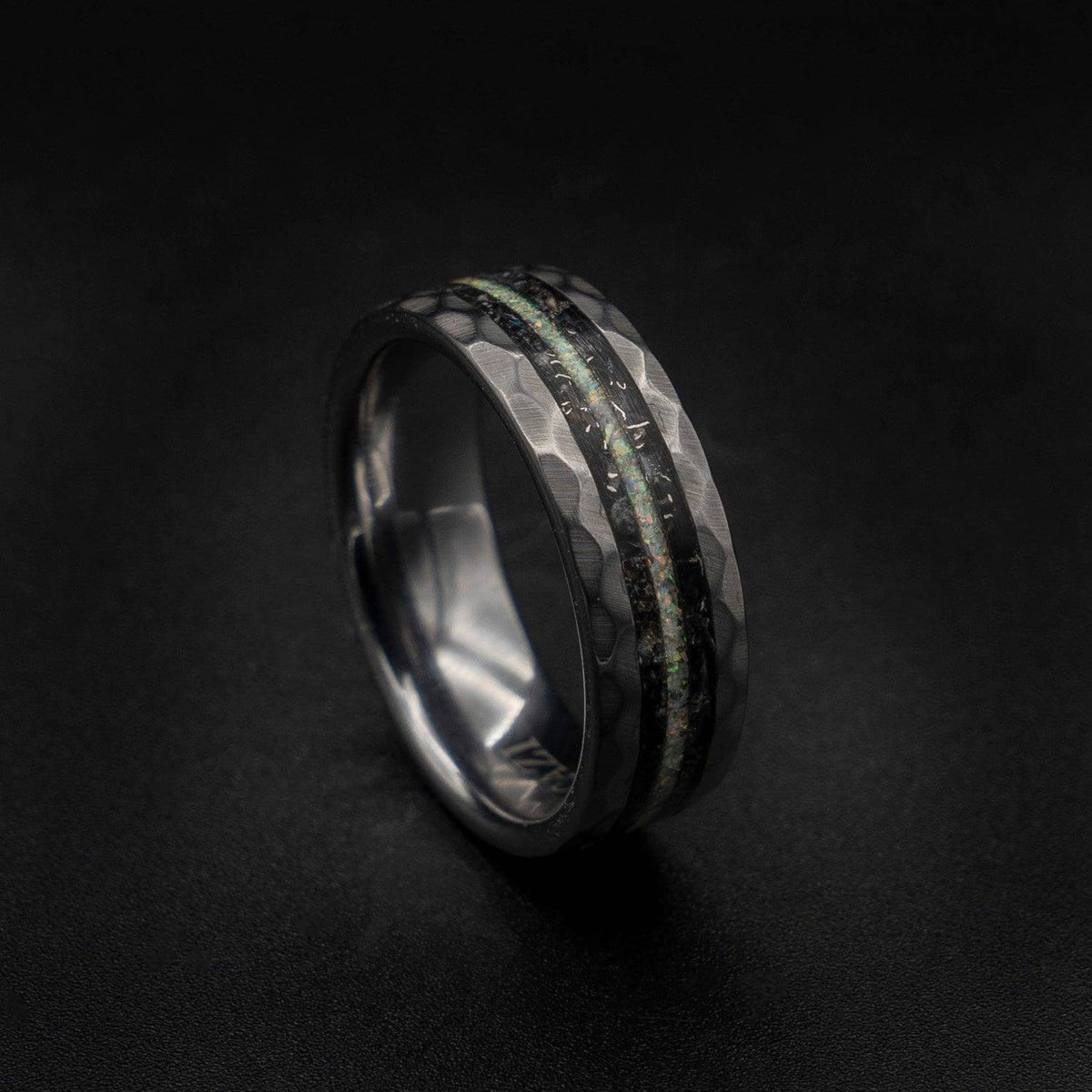 Hammered Ring with Meteorite & Moonstone Inlay