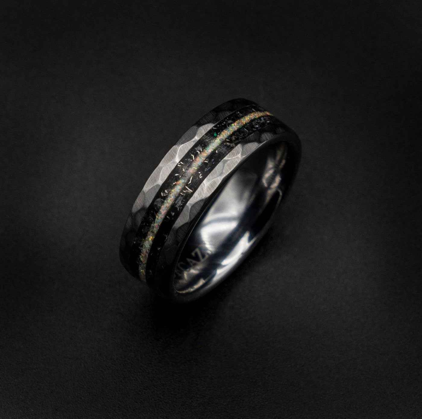 Hammered Ring with Meteorite & Moonstone Inlay