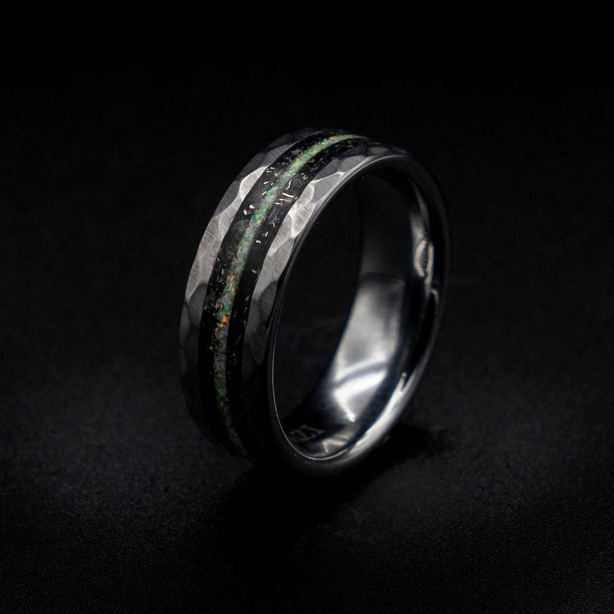 Hammered Ring with Meteorite & Moonstone Inlay