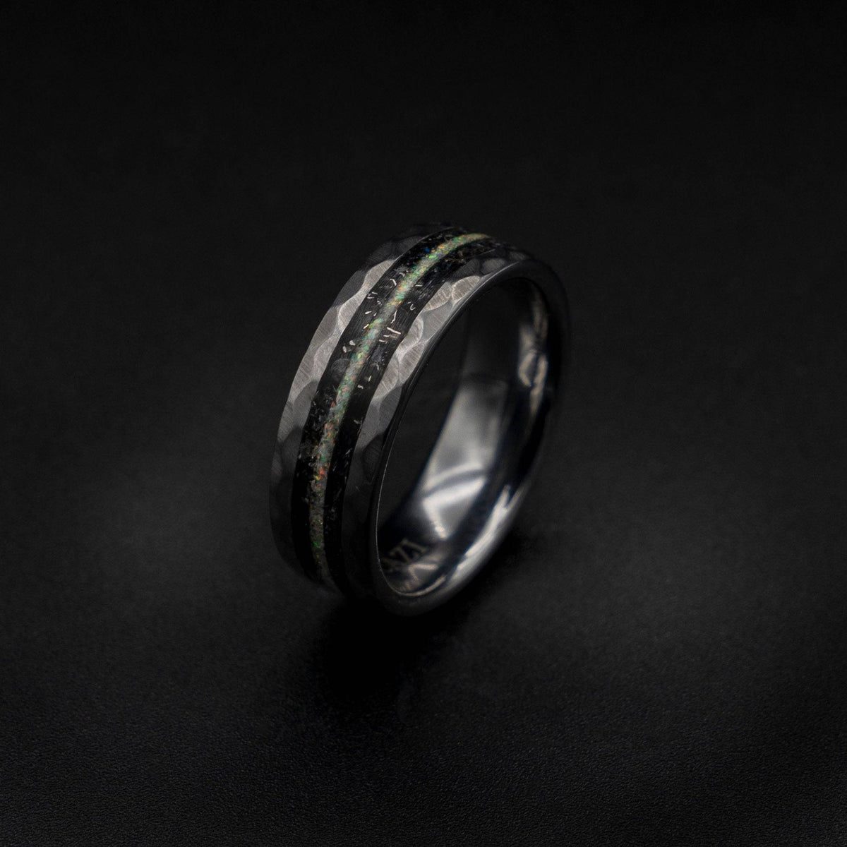 Hammered Ring with Meteorite & Moonstone Inlay