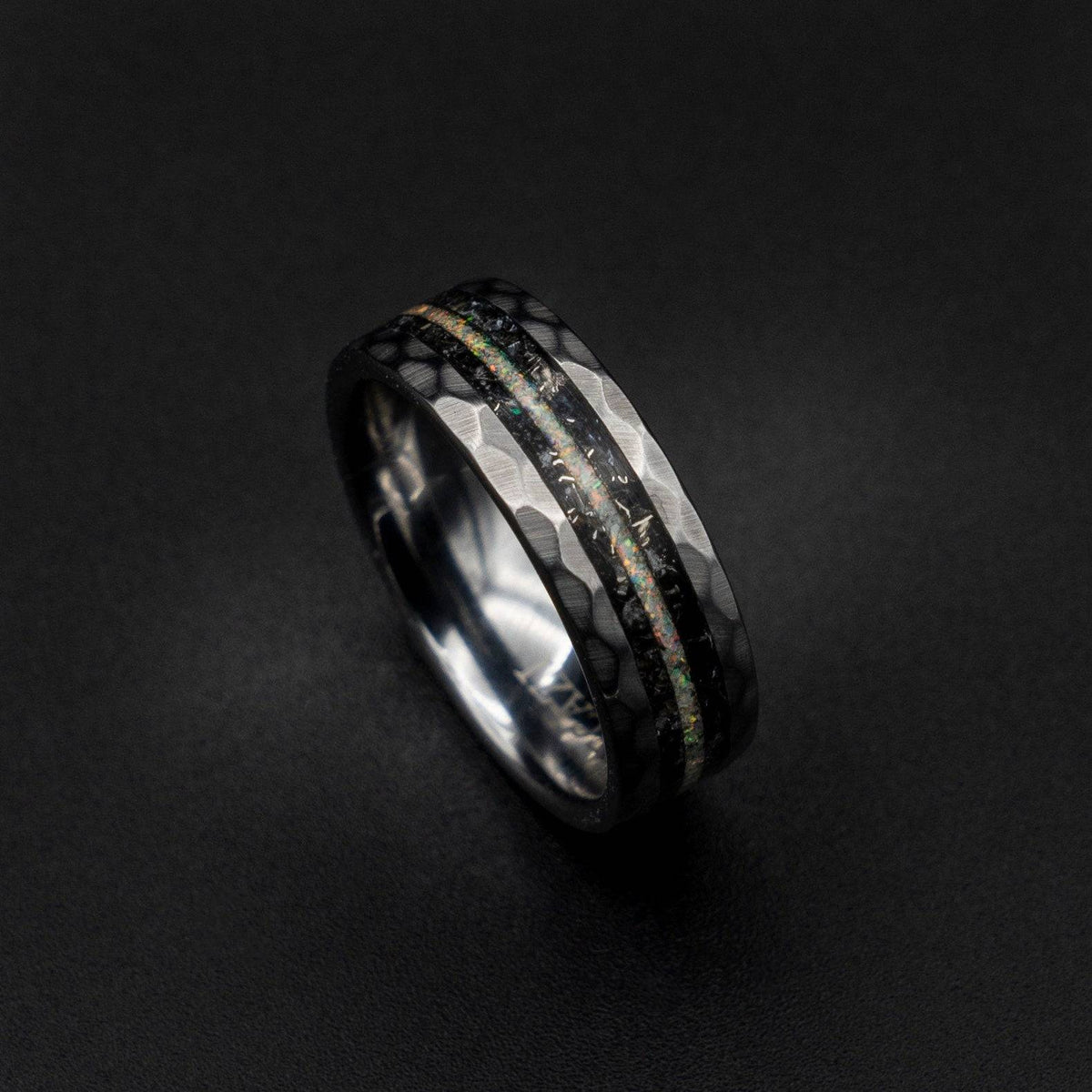 Hammered Ring with Meteorite & Moonstone Inlay