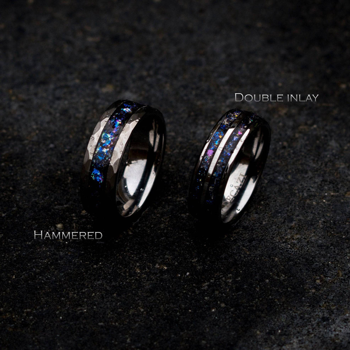 Hammered tungsten ring filled with Chameleon flakes