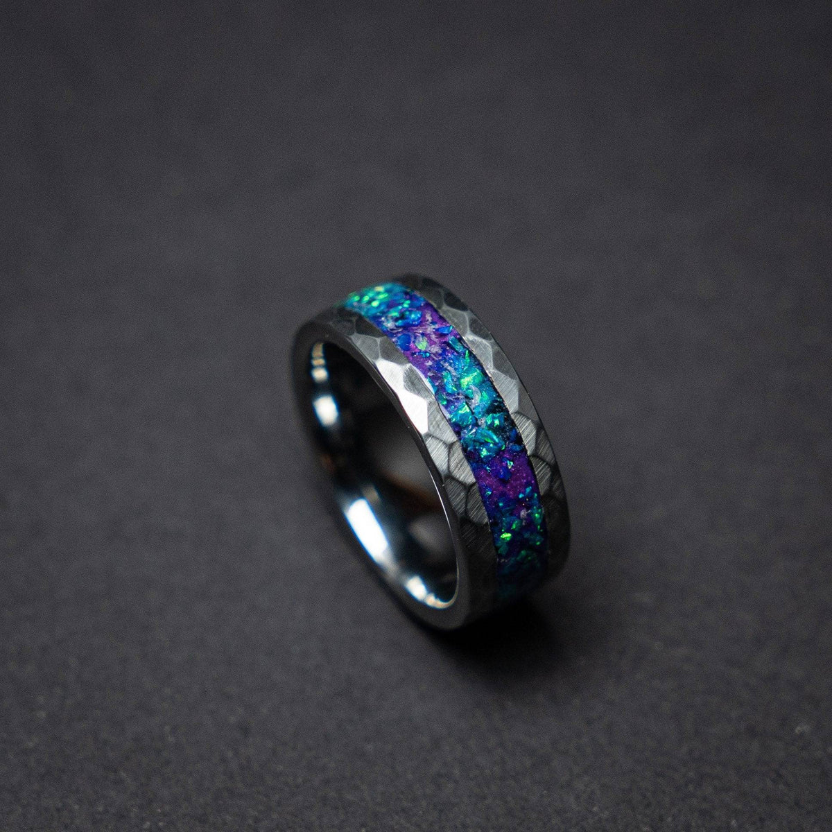 Hammered tungsten ring with galaxy opal