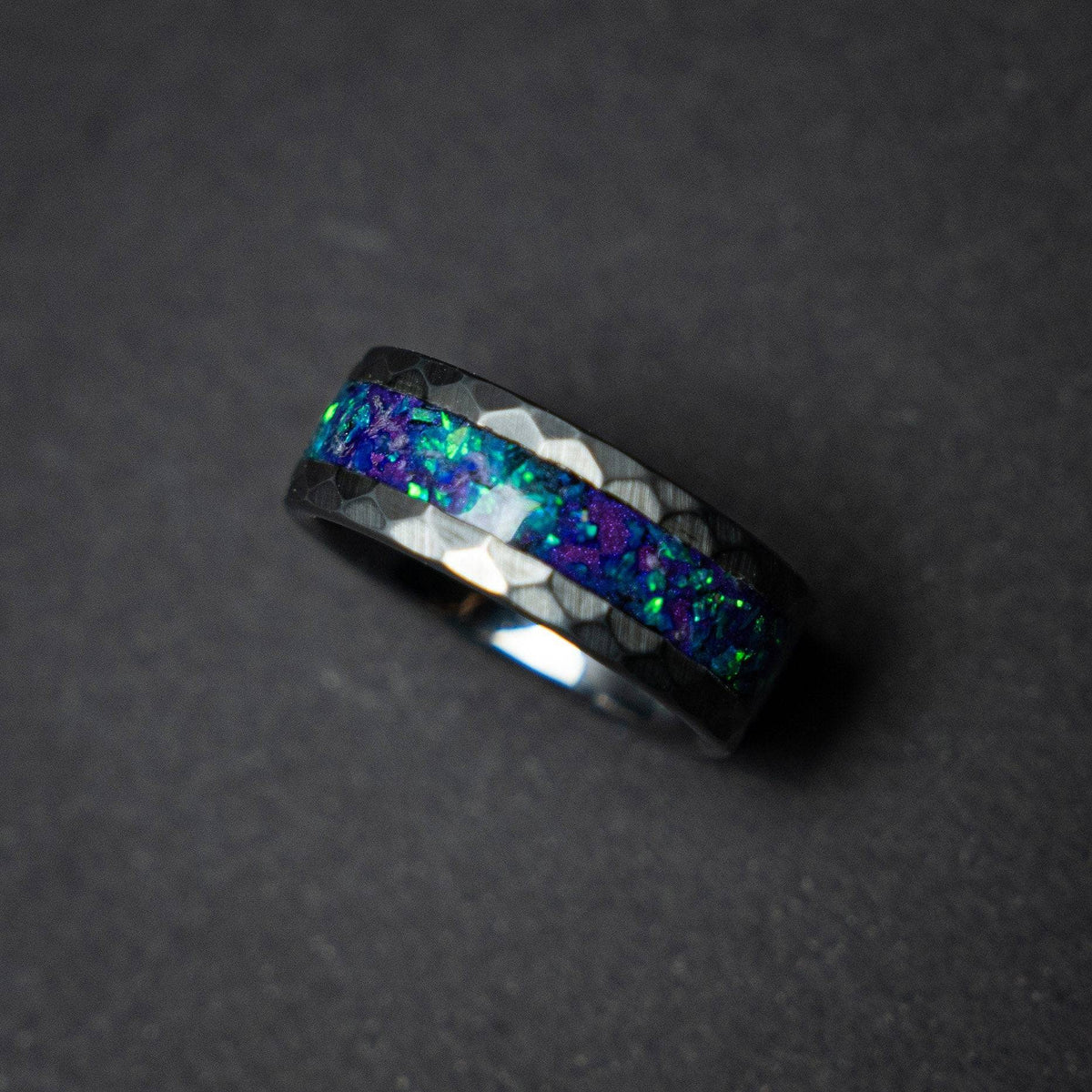 Hammered tungsten ring with galaxy opal