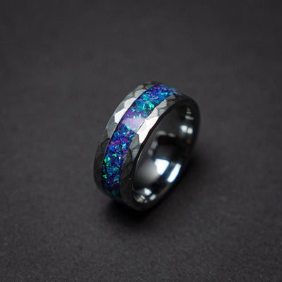 Hammered tungsten ring with galaxy opal