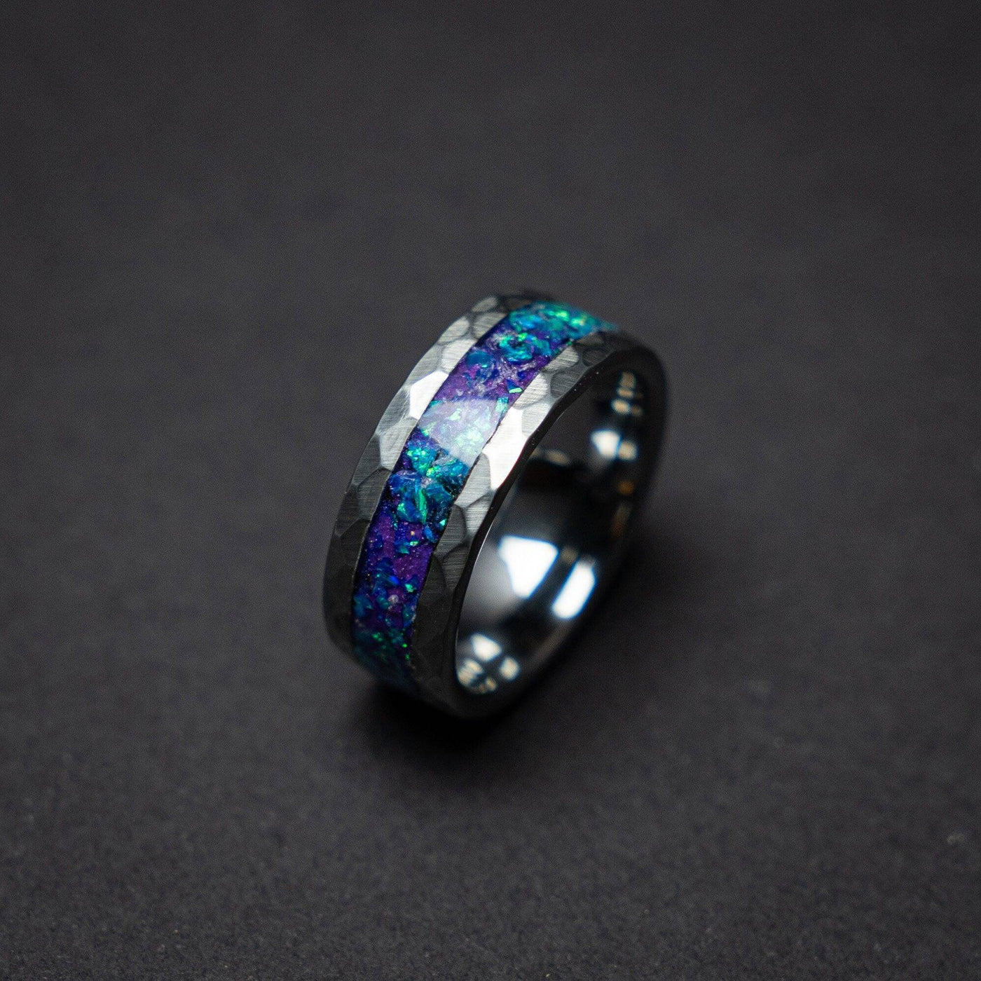 Hammered tungsten ring with galaxy opal