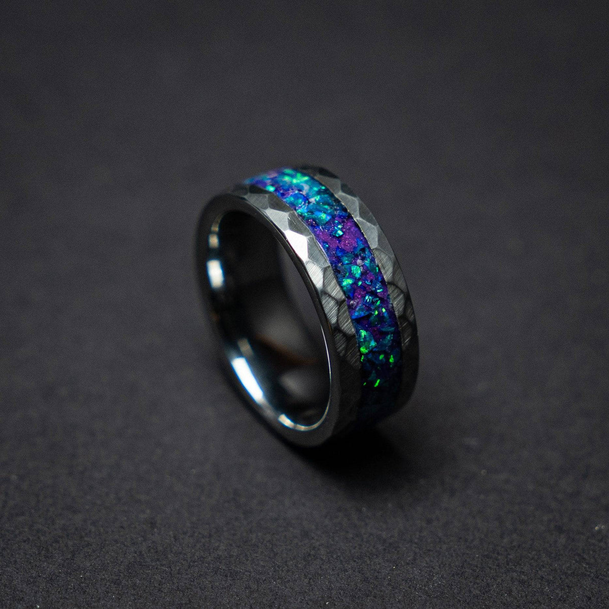 Hammered tungsten ring with galaxy opal