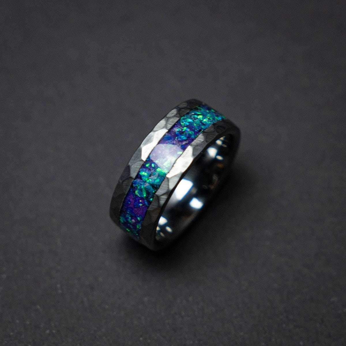 Hammered tungsten ring with galaxy opal