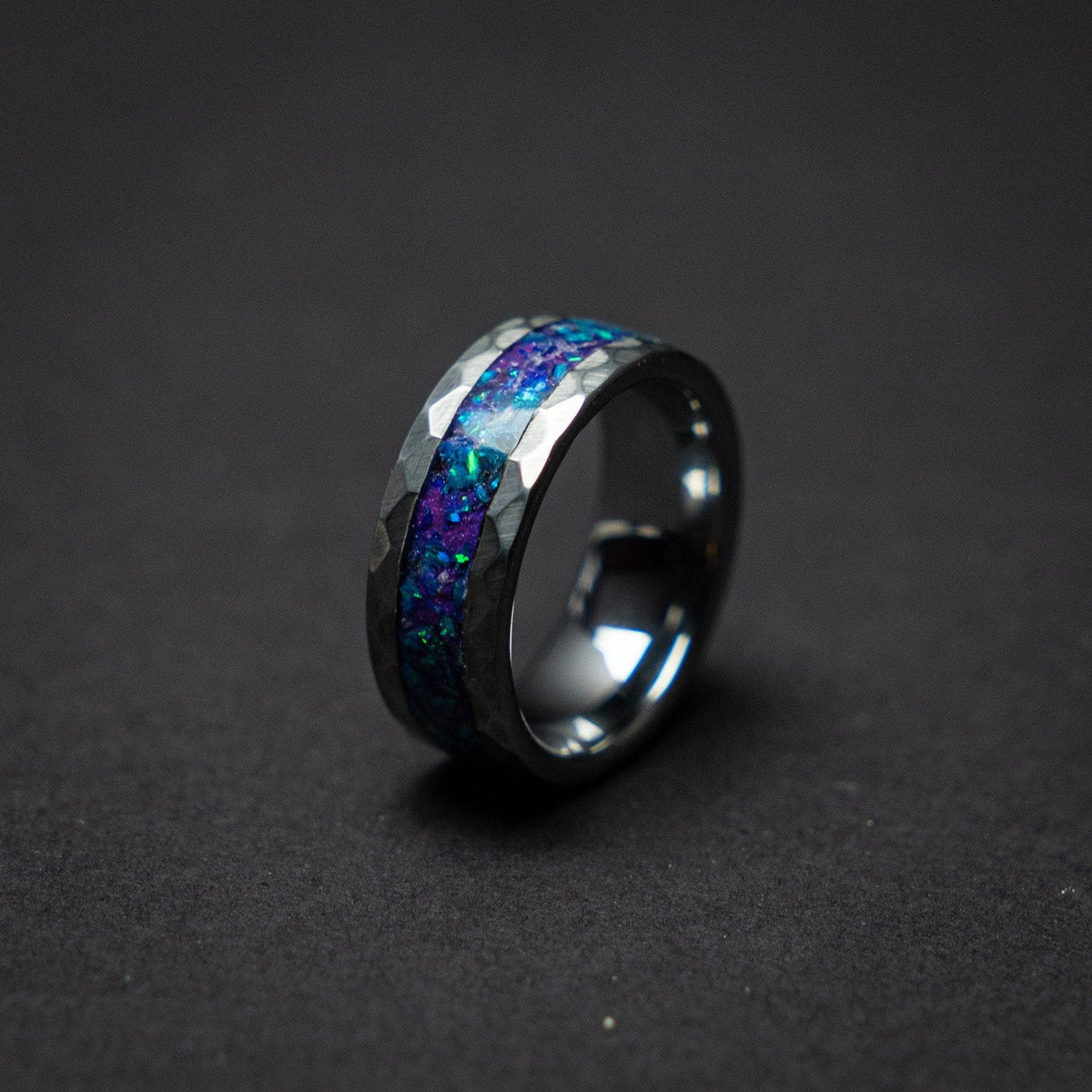 Hammered tungsten ring with galaxy opal