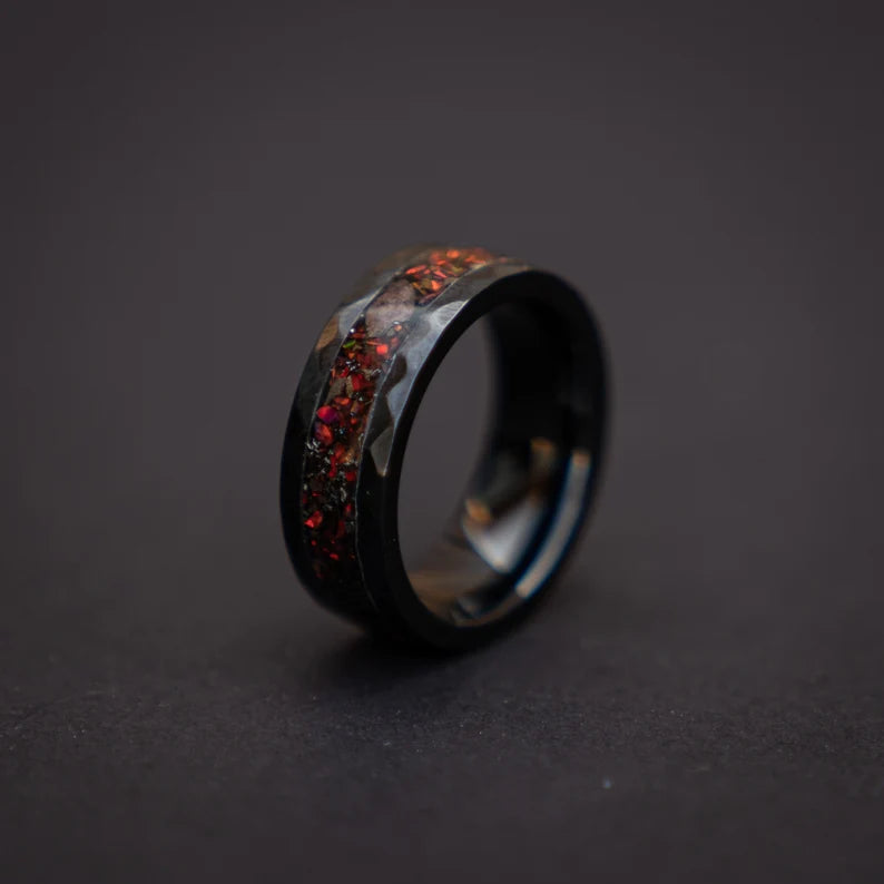 Black Hammered Ceramic Ring With Triceratops Meteorite & Opal
