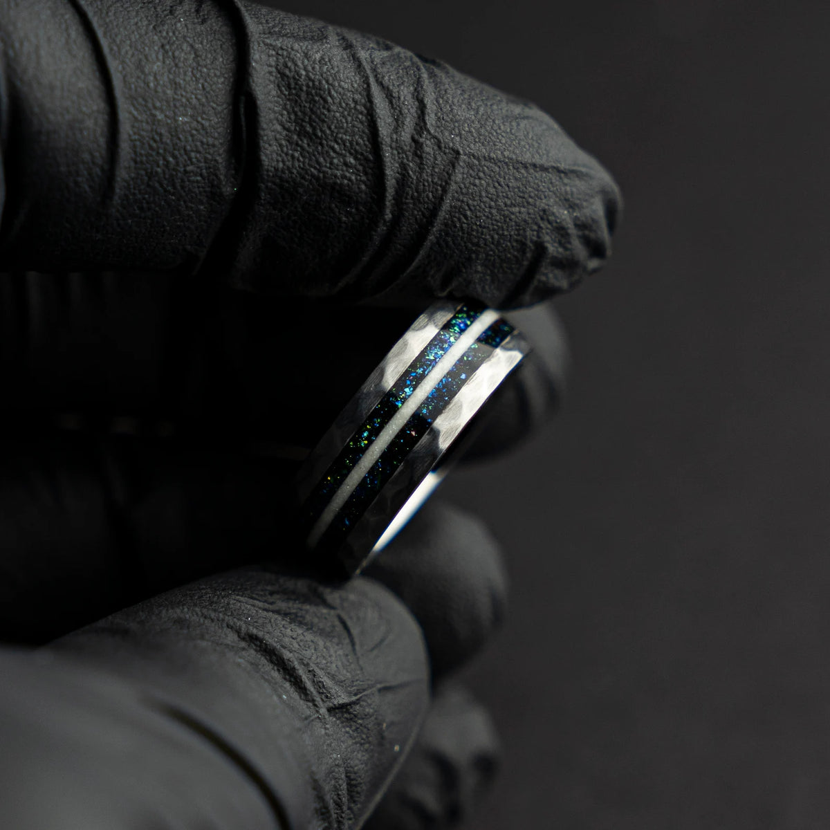Hammered Ring with blue chameleon flakes & Moonstone Inlay - Decazi