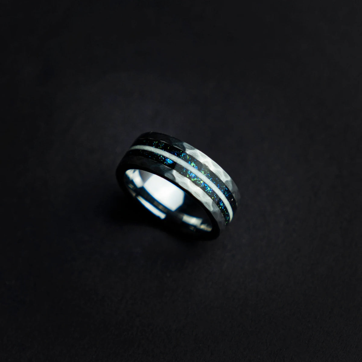 Hammered Ring with blue chameleon flakes & Moonstone Inlay - Decazi