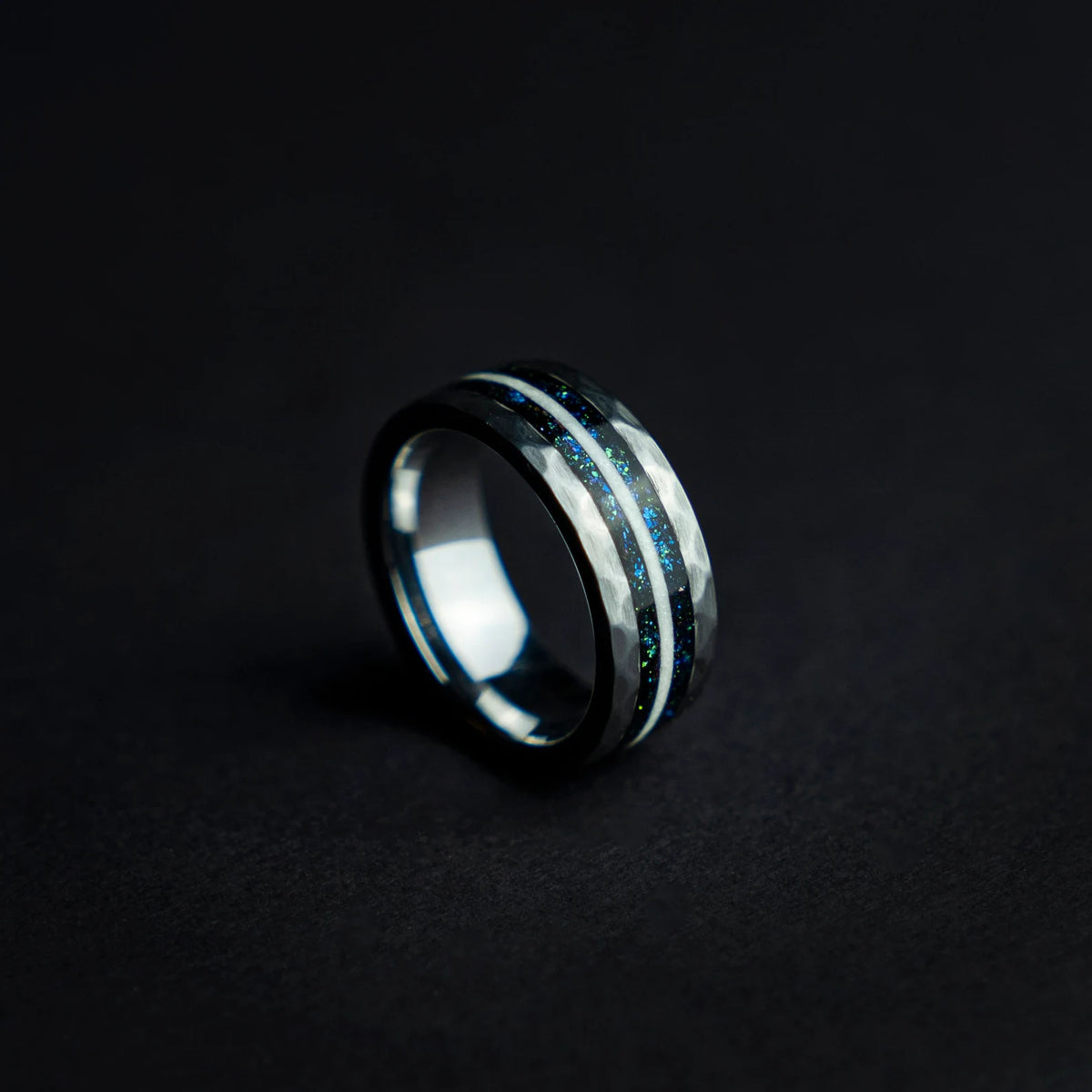 Hammered Ring with blue chameleon flakes & Moonstone Inlay - Decazi