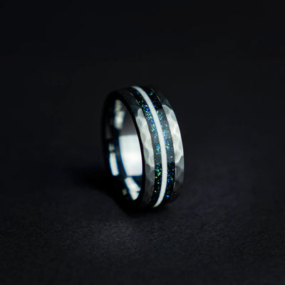 Hammered Ring with blue chameleon flakes & Moonstone Inlay - Decazi