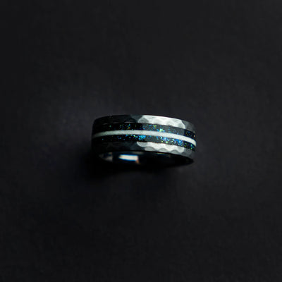 Hammered Ring with blue chameleon flakes & Moonstone Inlay - Decazi