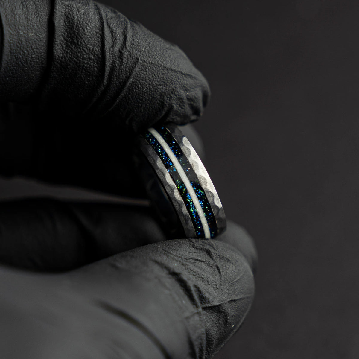 Hammered Ring with blue chameleon flakes & Moonstone Inlay - Decazi
