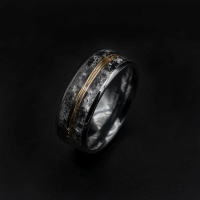 Glow in the dark tungsten ring with meteorite and 18k golden wire