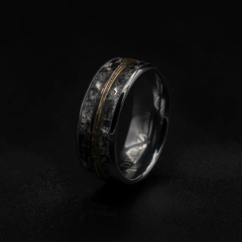 Glow in the dark tungsten ring with meteorite and 18k golden wire