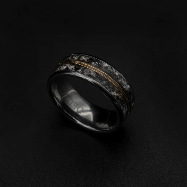 Glow in the dark tungsten ring with meteorite and 18k golden wire