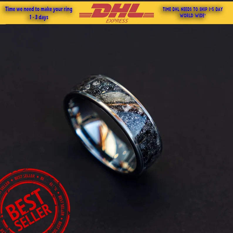 Lunar meteorite ring with Genuine Moondust and meteorite | Decazi
